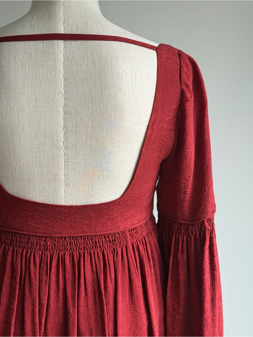 Free People Rust Deep Burgundy Red Square-Neck Long Sleeve Babydoll Dress - Picture 7 of 8
